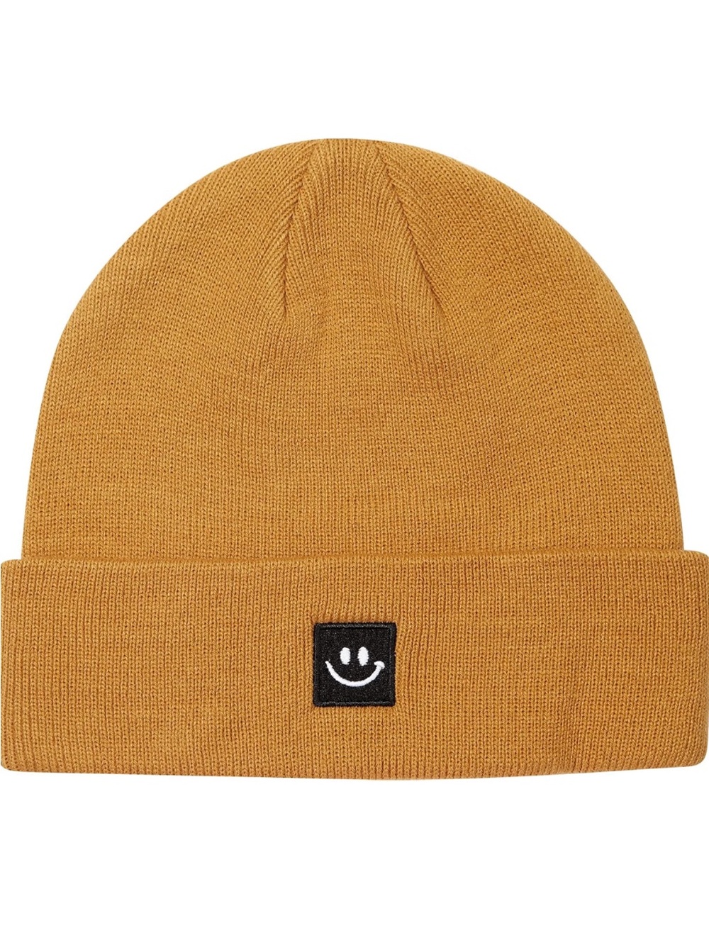 Smiley Face Knit Cuffed Beanie - Camel Yellow - unisex